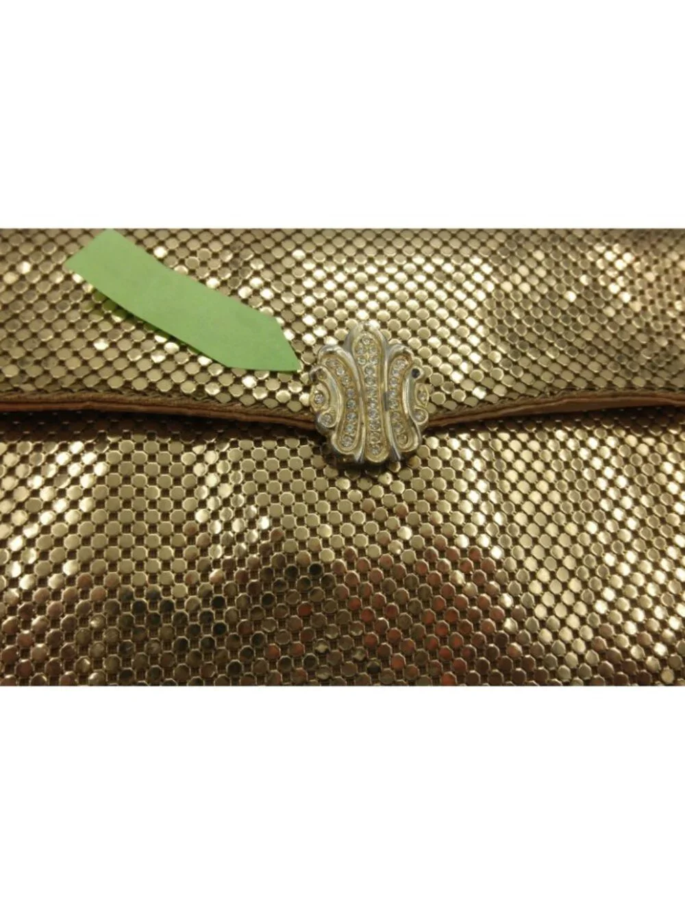 Vintage Whiting and Davis Gold Metal Mesh Rhinestone Clasp Clutch Purse FLAWS